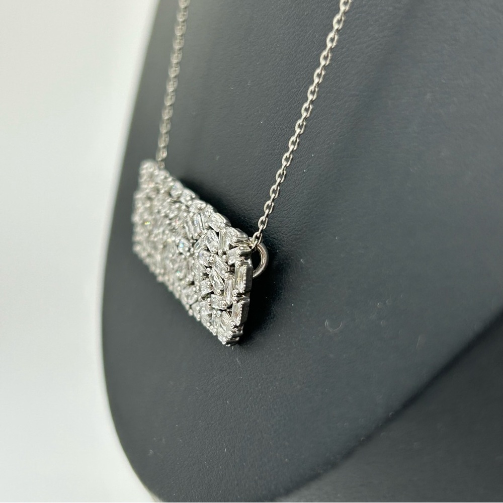 Silver Baguette Cluster Bar Pendant Necklace | CZ Sparkle | Elegant Minimalist - Picture 6 of 10